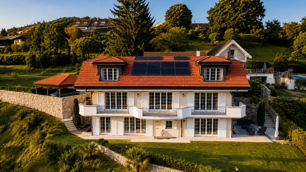 Aerial view of the villa at sunset