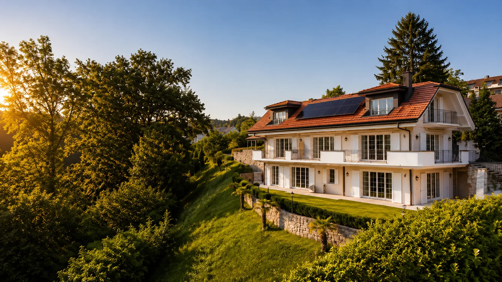 Facade and garden in golden light