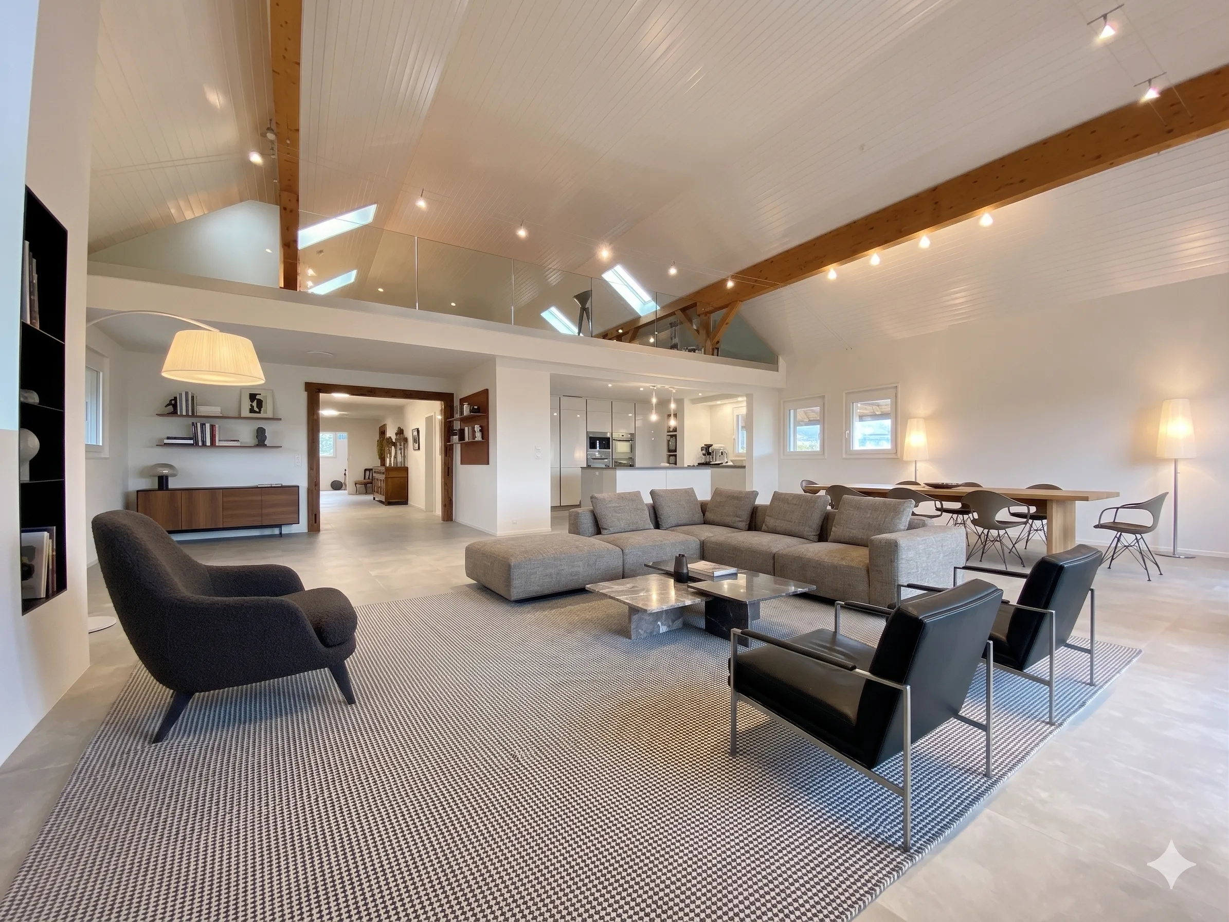 Large living space under exposed beams
