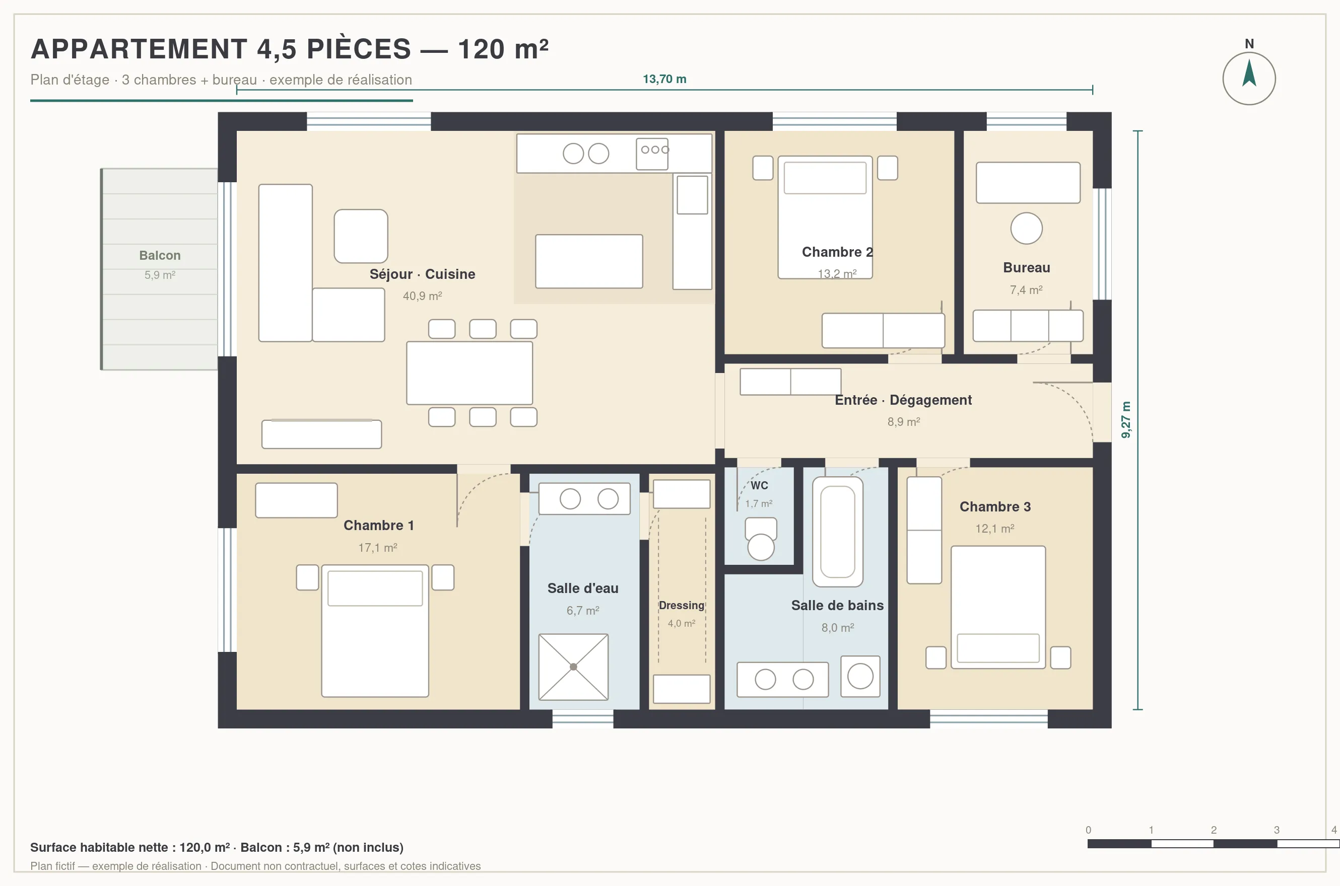 Dimensioned 2D floor plan of a 4.5-room apartment — sample