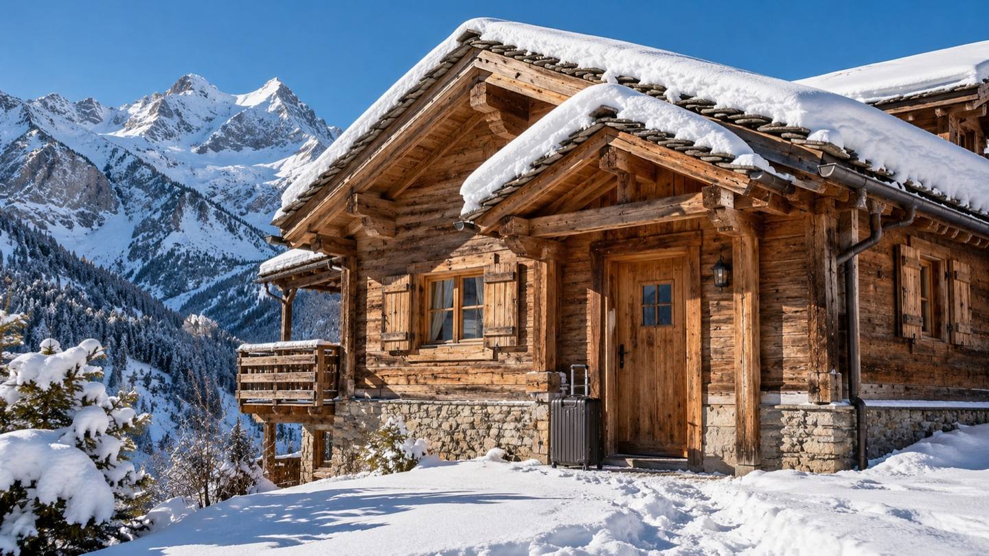 Valise posée devant la porte d'un chalet valaisan en mélèze couvert de neige, montagnes enneigées sous un ciel bleu d'hiver