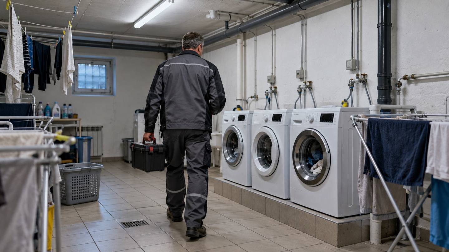 Un technicien de dos, caisse à outils à la main, traverse la buanderie commune d'un immeuble suisse sous des néons froids