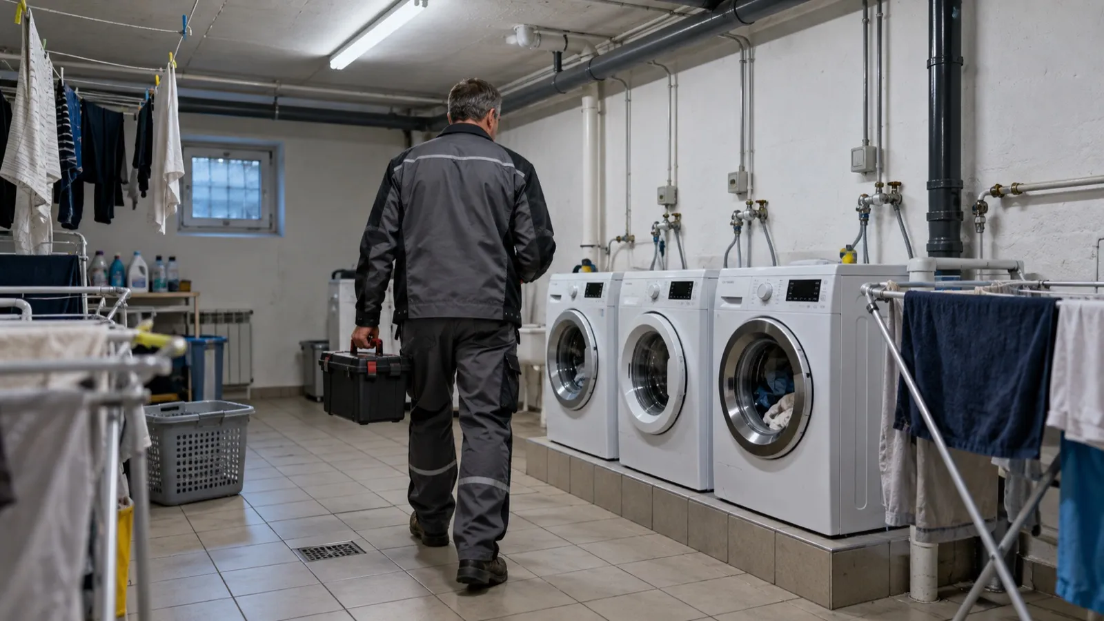 Un technicien de dos, caisse à outils à la main, traverse la buanderie commune d'un immeuble suisse sous des néons froids