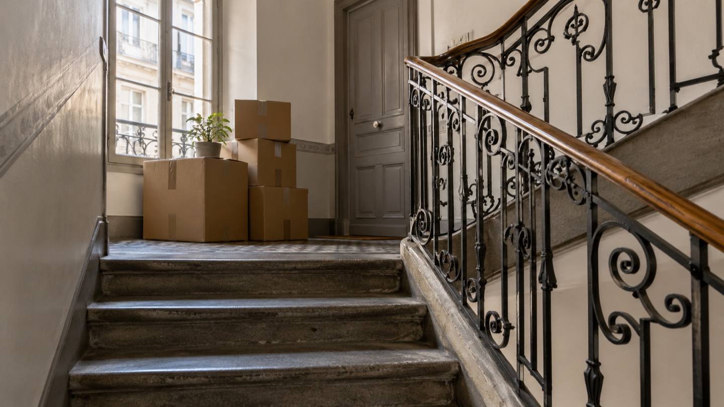 Cartons de déménagement empilés sur le palier d'un escalier ancien genevois à la rampe en fer forgé et aux marches de pierre