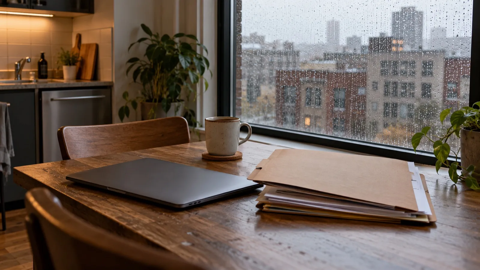 Dossier cartonné, ordinateur portable fermé et tasse sur une table de studio urbain, gouttes de pluie sur la vitre
