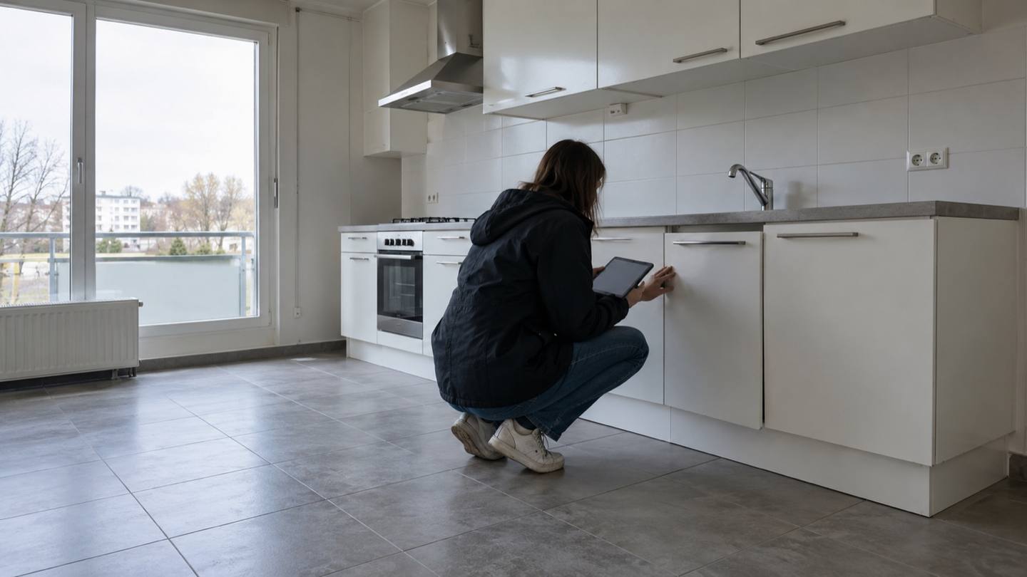 Accroupie dans une cuisine blanche vide, une personne vérifie une porte de placard avec une tablette sous une lumière froide