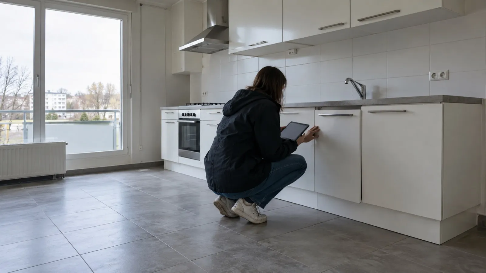 Accroupie dans une cuisine blanche vide, une personne vérifie une porte de placard avec une tablette sous une lumière froide