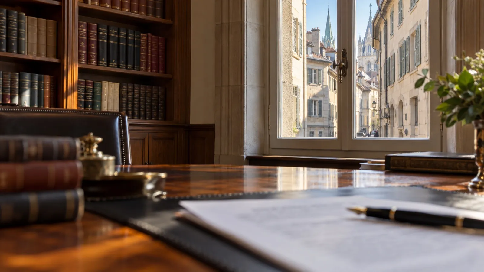 Bureau en noyer d'une étude de notaire avec bibliothèque de recueils juridiques et vue sur une rue de vieille ville vaudoise