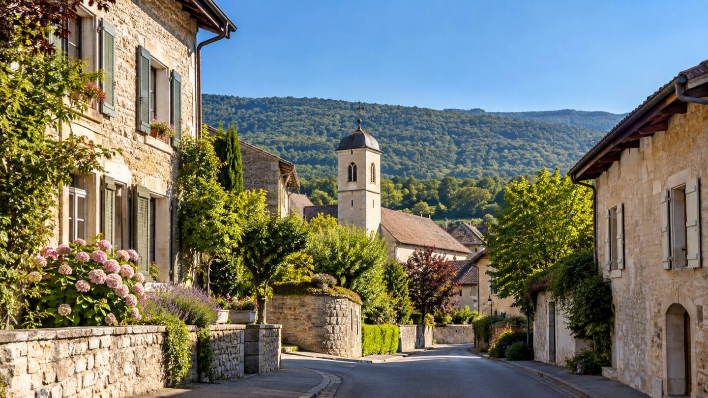 Rue en pente d'un village du Pays de Gex avec maisons en pierre, clocher et collines boisées du Jura sous le soleil du matin