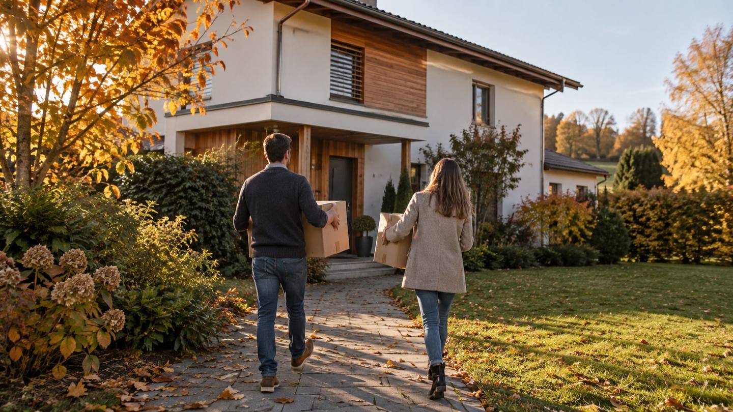 Un couple de dos porte des cartons vers l'entrée d'une villa contemporaine du Gros-de-Vaud, sous le feuillage roux de l'automne