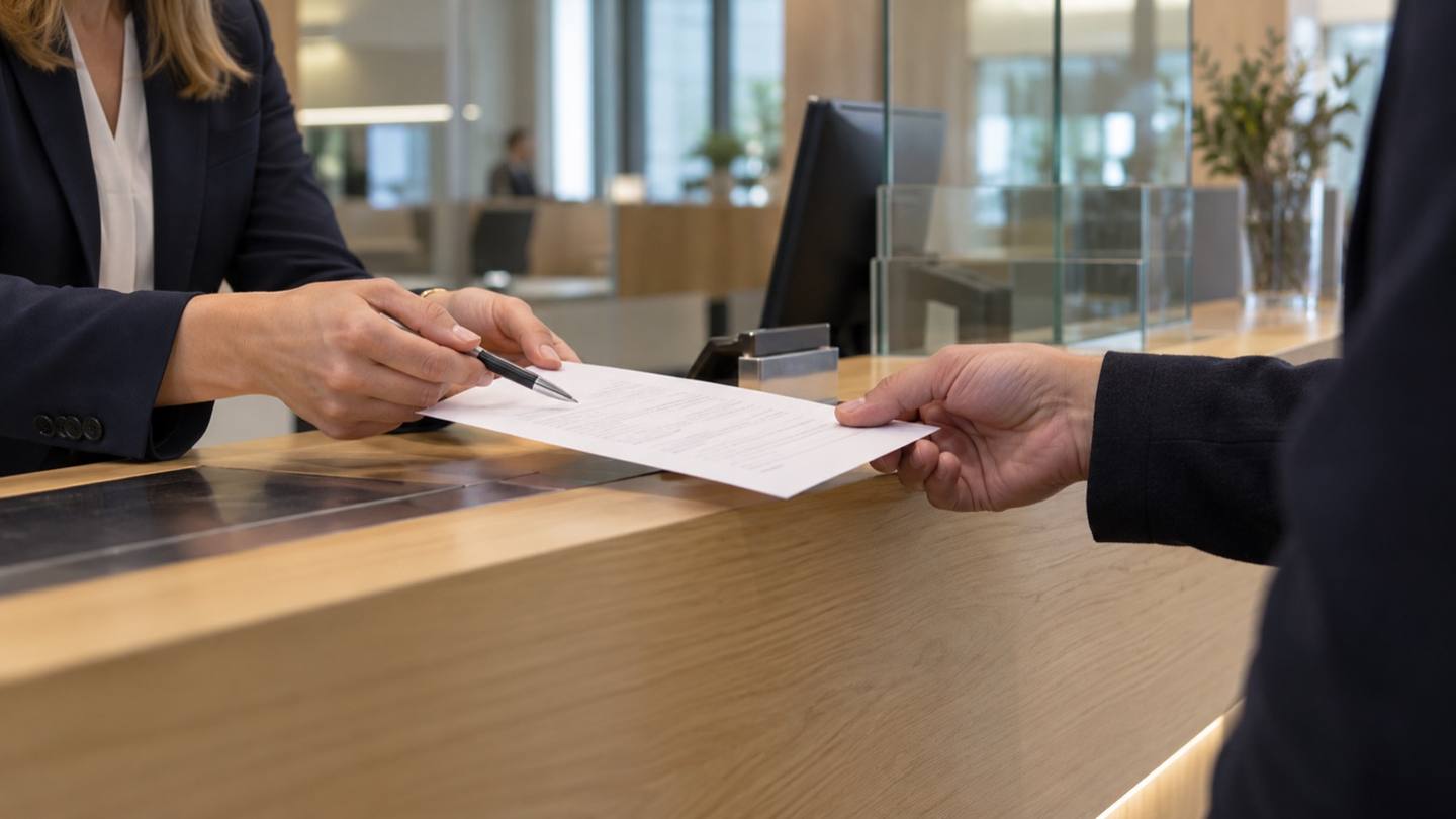 Au guichet d'une banque suisse, deux mains échangent un formulaire et un stylo au-dessus d'un comptoir en bois clair