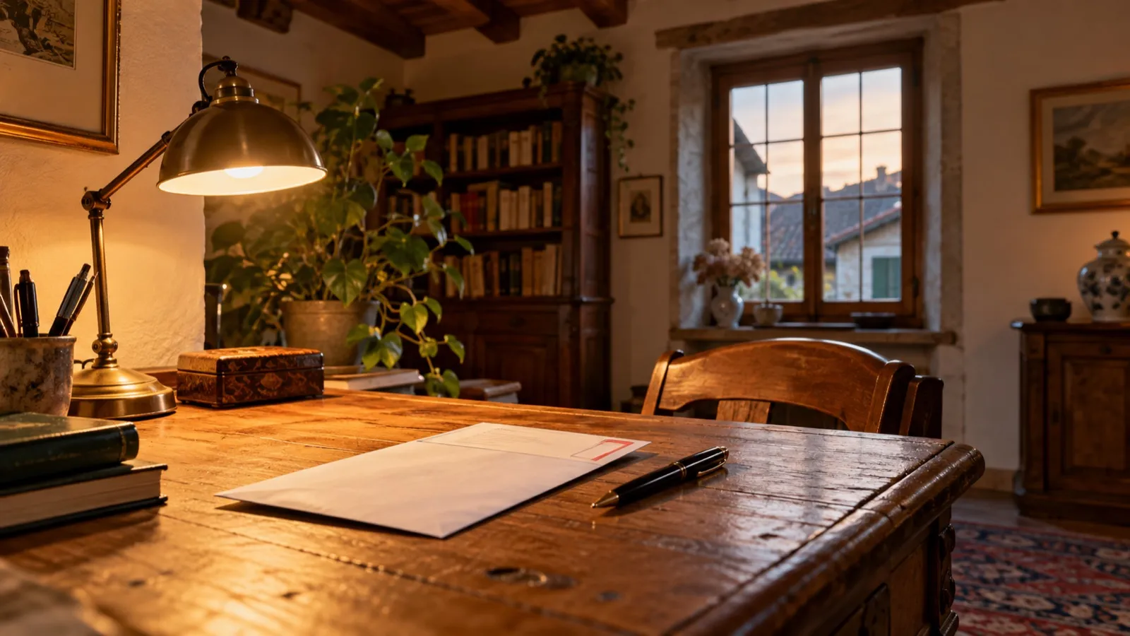 Enveloppe recommandée et stylo posés sur un secrétaire en bois dans une maison de village vaudoise, lampe allumée en fin de journée