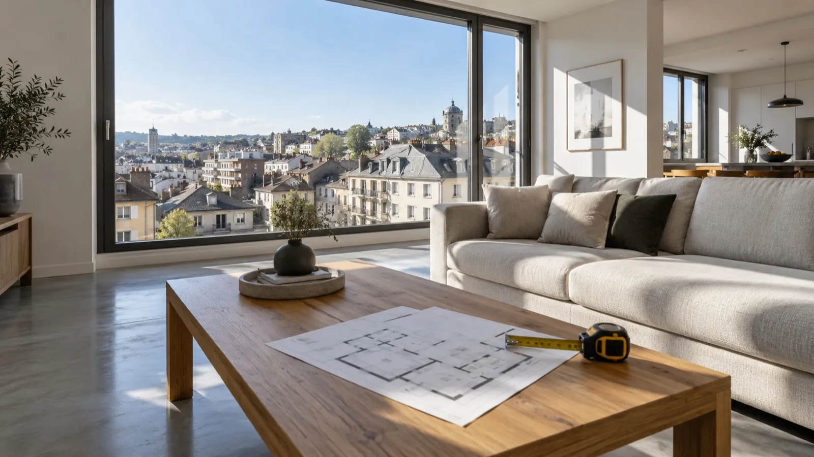 Mètre ruban et plan d'architecte posés sur une table basse dans un salon PPE minimaliste au béton ciré et grande baie urbaine