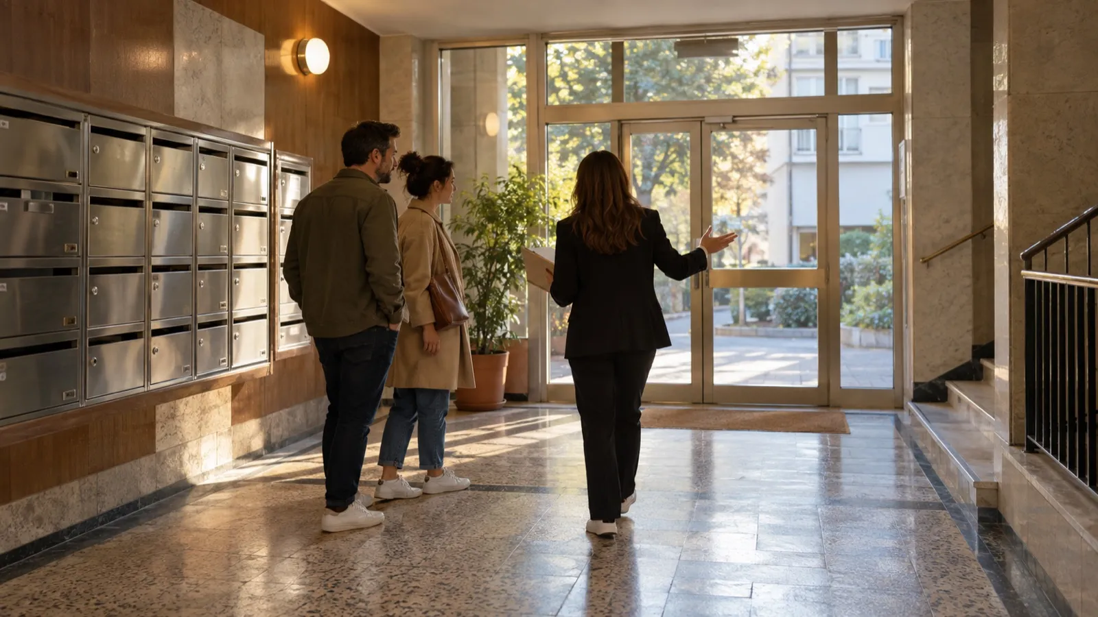 Dans le hall d'un immeuble locatif des années 60, une conseillère de dos accueille deux visiteurs près des boîtes aux lettres