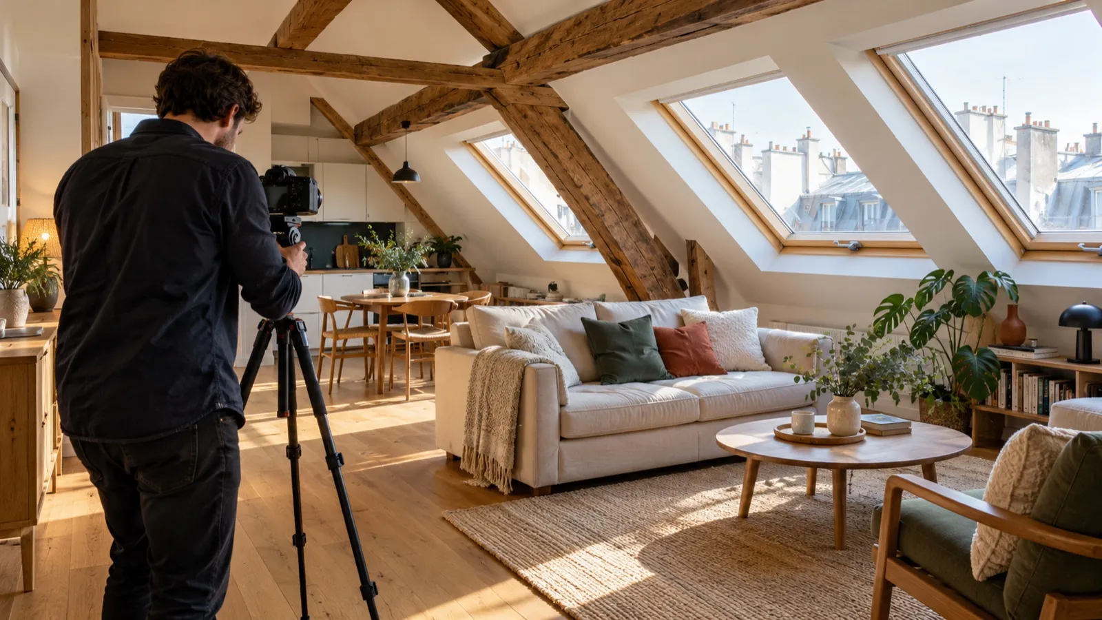 Un photographe immobilier de dos installe son trépied dans un appartement sous combles rangé, poutres et fenêtres de toit