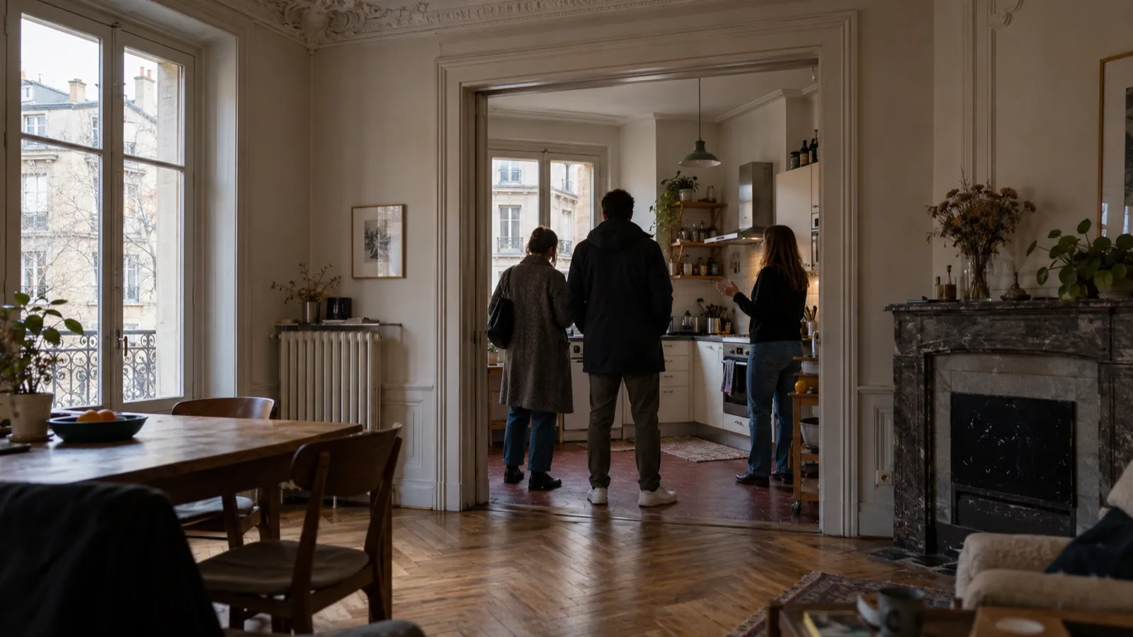 Deux visiteurs de dos découvrent la cuisine d'un appartement ancien lausannois, moulures et parquet en chevrons, lumière grise d'hiver