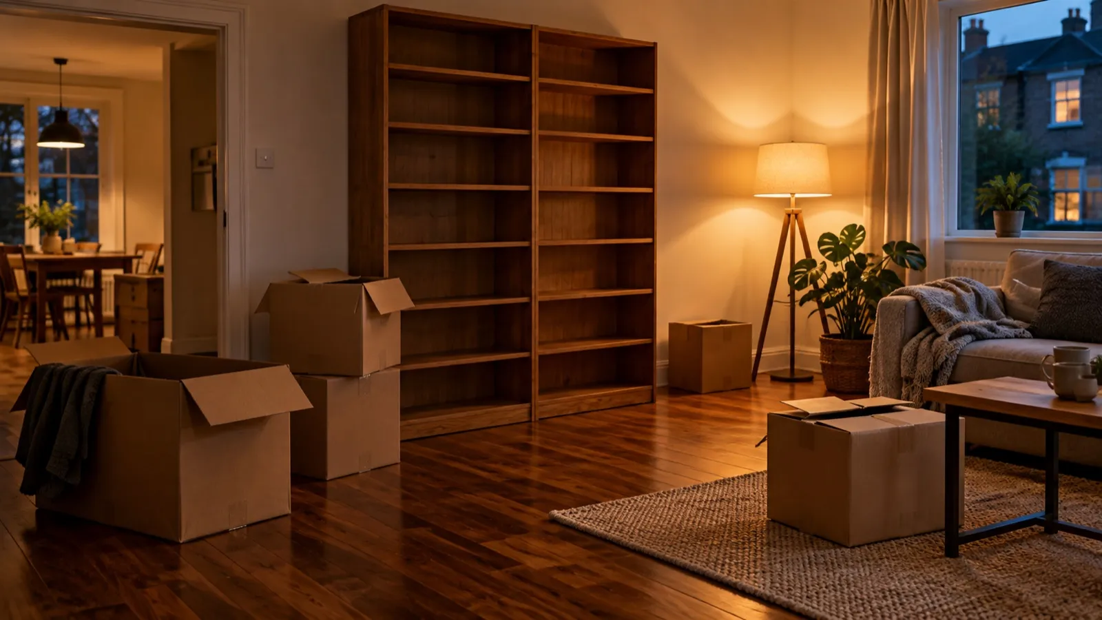 Cartons de déménagement dans un salon au parquet foncé et à la bibliothèque vidée, lampe allumée en soirée
