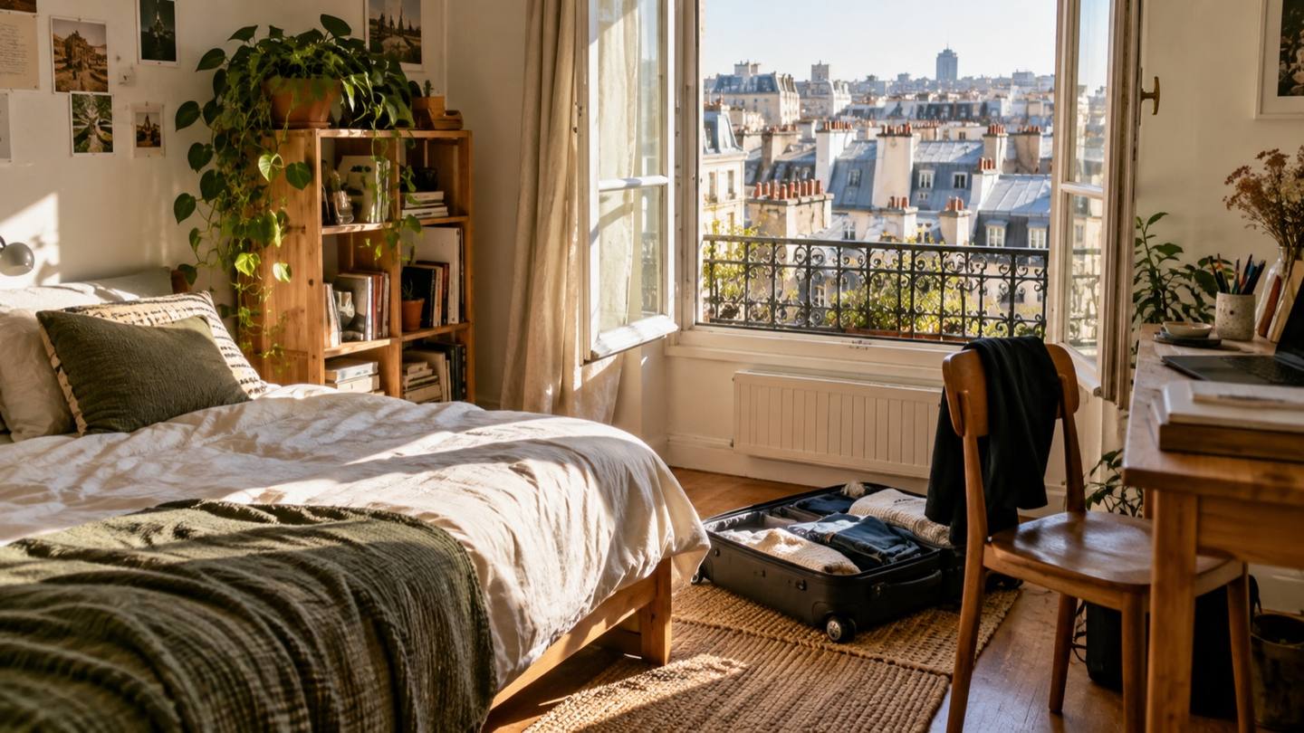 Valise ouverte au pied d'un lit fait dans une chambre de colocation urbaine, fenêtre donnant sur les toits de la ville