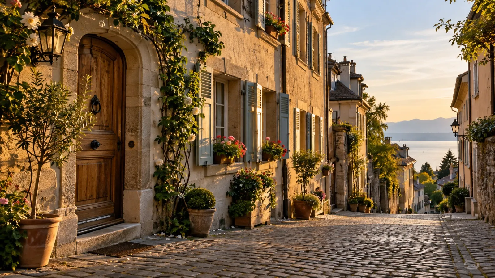 Ruelle pavée de la vieille ville de Nyon bordée de façades aux volets en bois et pots de fleurs, lac visible au loin